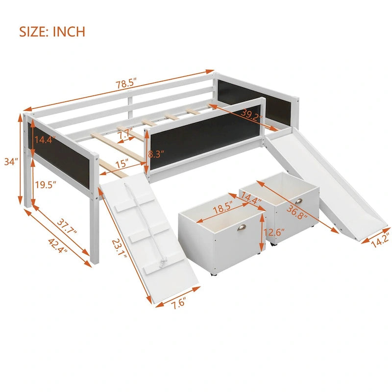 Cama alta individual de madera con tres pizarras, dos cajas de almacenamiento y un tobogán, tres colores disponibles