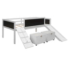 Cama alta individual de madera con tres pizarras, dos cajas de almacenamiento y un tobogán, tres colores disponibles