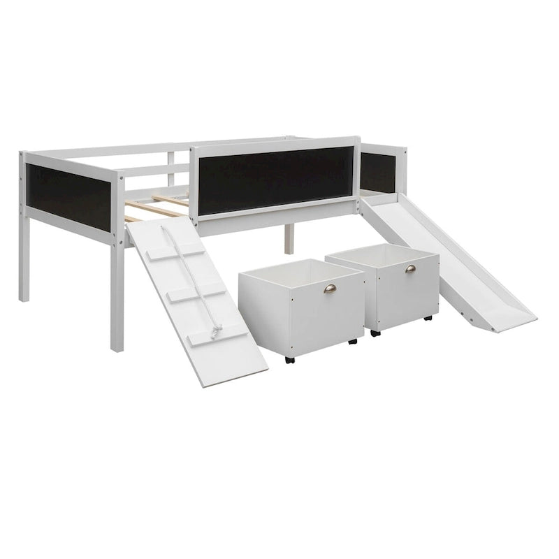 Cama alta individual de madera con tres pizarras, dos cajas de almacenamiento y un tobogán, tres colores disponibles
