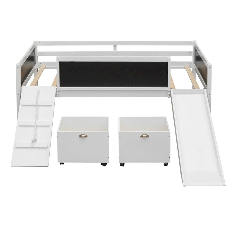 Cama alta individual de madera con tres pizarras, dos cajas de almacenamiento y un tobogán, tres colores disponibles