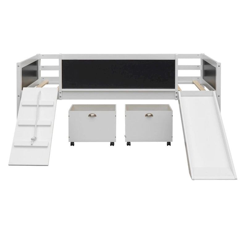 Cama alta individual de madera con tres pizarras, dos cajas de almacenamiento y un tobogán, tres colores disponibles