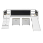 Cama alta individual de madera con tres pizarras, dos cajas de almacenamiento y un tobogán, tres colores disponibles
