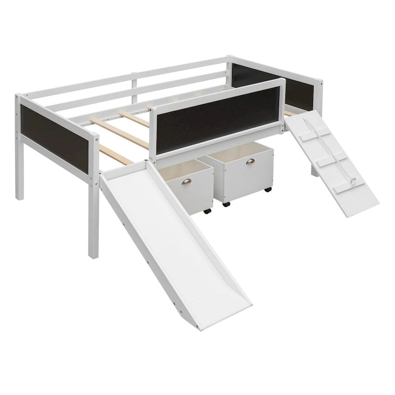 Cama alta individual de madera con tres pizarras, dos cajas de almacenamiento y un tobogán, tres colores disponibles