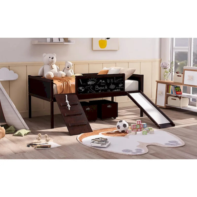 Cama alta individual de madera con tres pizarras, dos cajas de almacenamiento y un tobogán, tres colores disponibles