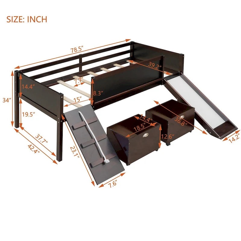 Cama alta individual de madera con tres pizarras, dos cajas de almacenamiento y un tobogán, tres colores disponibles