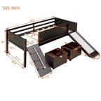 Cama alta individual de madera con tres pizarras, dos cajas de almacenamiento y un tobogán, tres colores disponibles