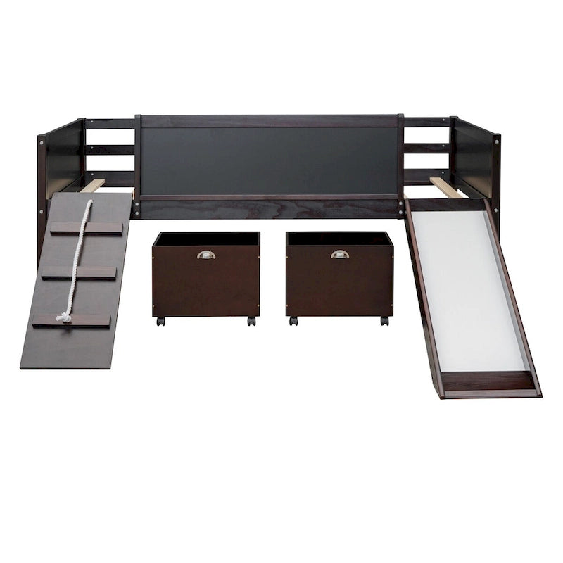 Cama alta individual de madera con tres pizarras, dos cajas de almacenamiento y un tobogán, tres colores disponibles