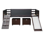Cama alta individual de madera con tres pizarras, dos cajas de almacenamiento y un tobogán, tres colores disponibles