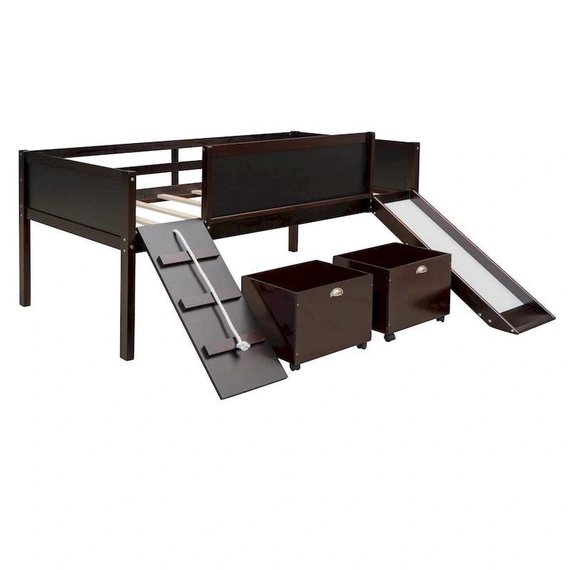 Cama alta individual de madera con tres pizarras, dos cajas de almacenamiento y un tobogán, tres colores disponibles