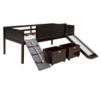 Cama alta individual de madera con tres pizarras, dos cajas de almacenamiento y un tobogán, tres colores disponibles