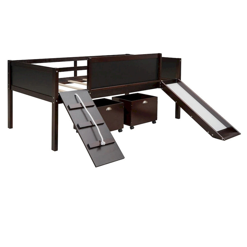 Cama alta individual de madera con tres pizarras, dos cajas de almacenamiento y un tobogán, tres colores disponibles