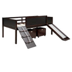 Cama alta individual de madera con tres pizarras, dos cajas de almacenamiento y un tobogán, tres colores disponibles