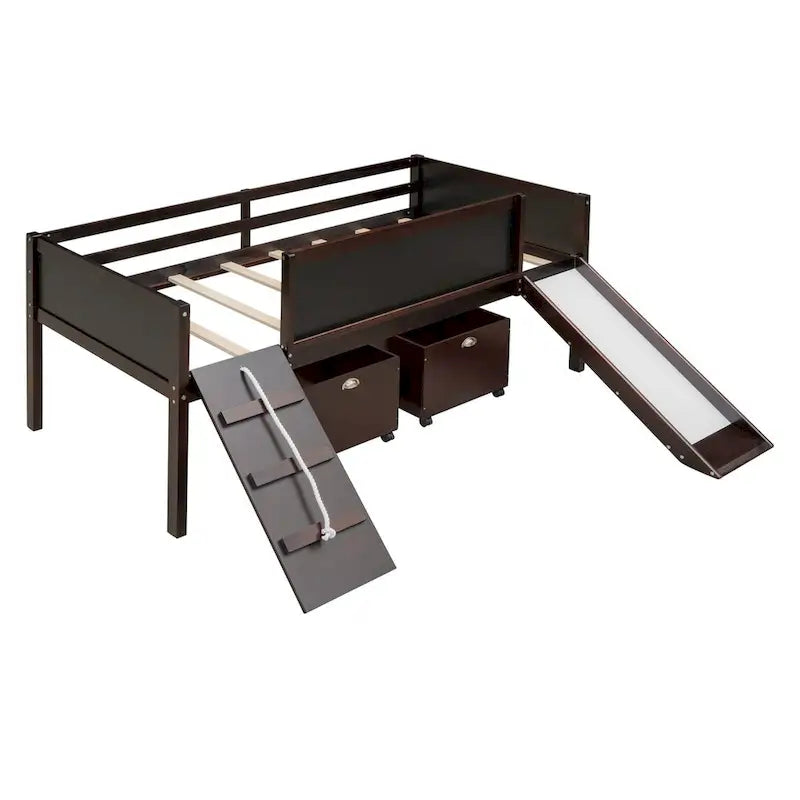 Cama alta individual de madera con tres pizarras, dos cajas de almacenamiento y un tobogán, tres colores disponibles