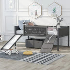 Cama alta individual de madera con tres pizarras, dos cajas de almacenamiento y un tobogán, tres colores disponibles