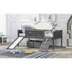 Cama alta individual de madera con tres pizarras, dos cajas de almacenamiento y un tobogán, tres colores disponibles