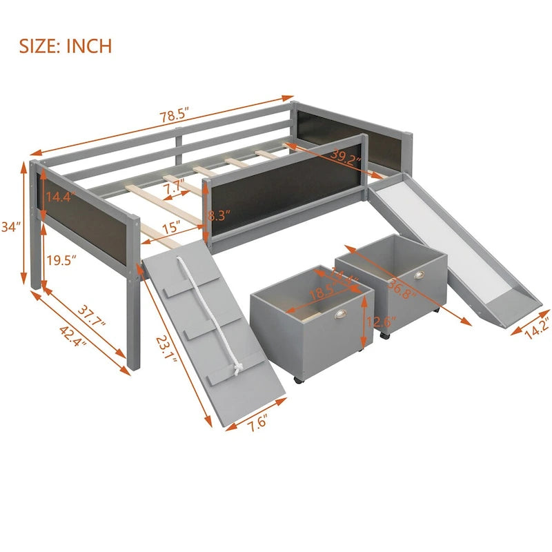 Cama alta individual de madera con tres pizarras, dos cajas de almacenamiento y un tobogán, tres colores disponibles