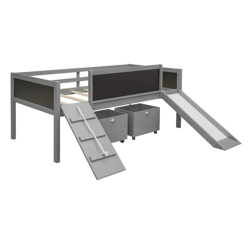 Cama alta individual de madera con tres pizarras, dos cajas de almacenamiento y un tobogán, tres colores disponibles