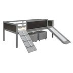 Cama alta individual de madera con tres pizarras, dos cajas de almacenamiento y un tobogán, tres colores disponibles