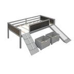 Cama alta individual de madera con tres pizarras, dos cajas de almacenamiento y un tobogán, tres colores disponibles