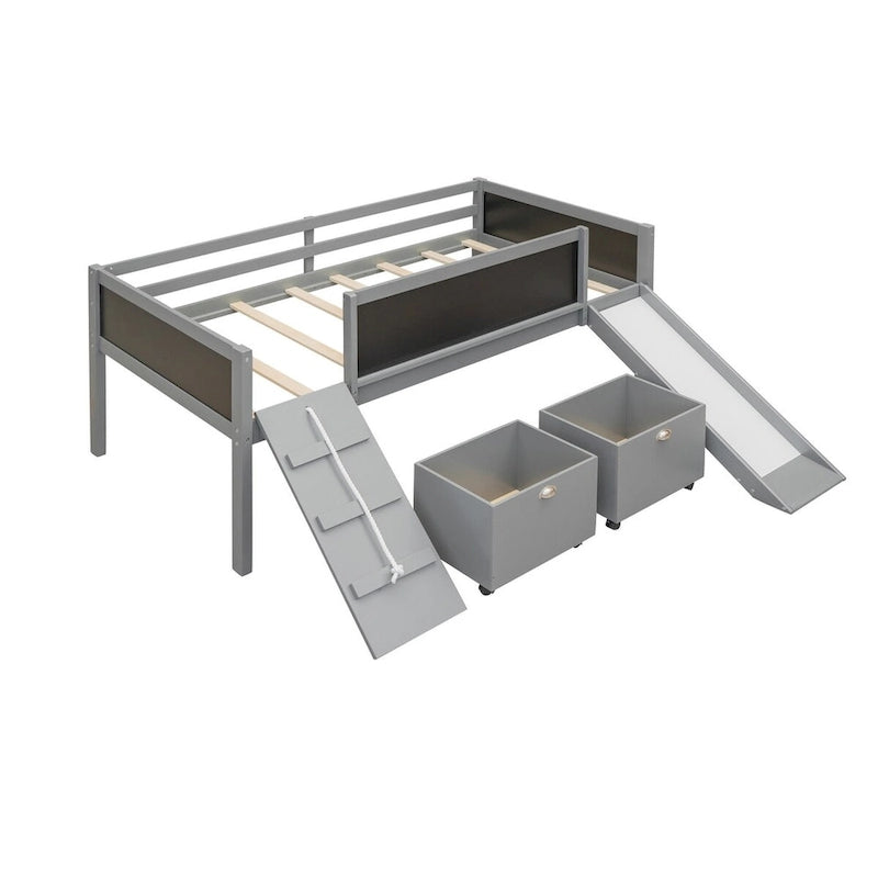 Cama alta individual de madera con tres pizarras, dos cajas de almacenamiento y un tobogán, tres colores disponibles