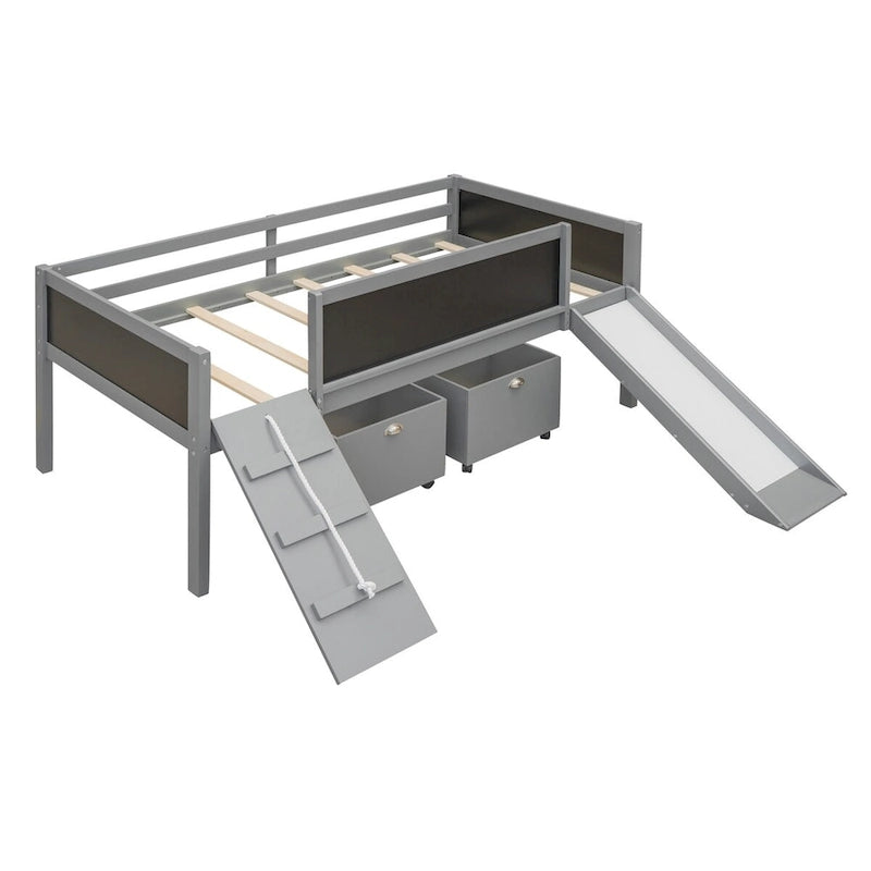 Cama alta individual de madera con tres pizarras, dos cajas de almacenamiento y un tobogán, tres colores disponibles