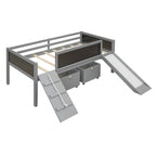 Cama alta individual de madera con tres pizarras, dos cajas de almacenamiento y un tobogán, tres colores disponibles