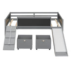 Cama alta individual de madera con tres pizarras, dos cajas de almacenamiento y un tobogán, tres colores disponibles