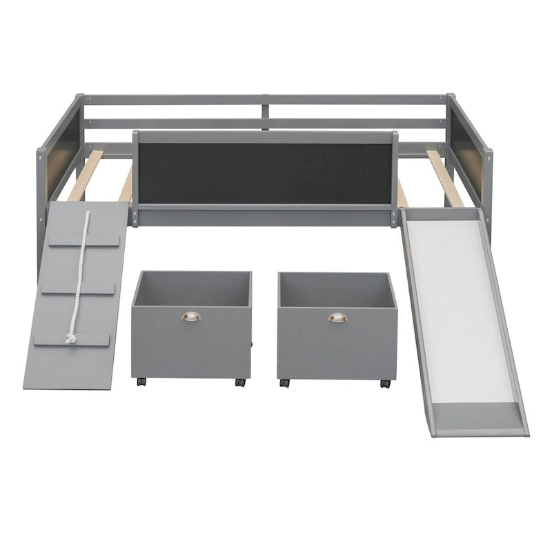 Cama alta individual de madera con tres pizarras, dos cajas de almacenamiento y un tobogán, tres colores disponibles