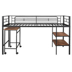 Cama alta doble sobre baja con escritorio rodante y estantes, cama de metal doble con soporte de láminas de acero, para adolescentes, niños y niñas