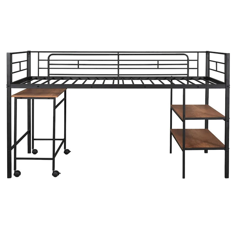 Cama alta doble sobre baja con escritorio rodante y estantes, cama de metal doble con soporte de láminas de acero, para adolescentes, niños y niñas