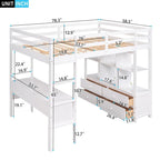 Cama alta de tamaño completo con escritorio integrado con cajones y estantes