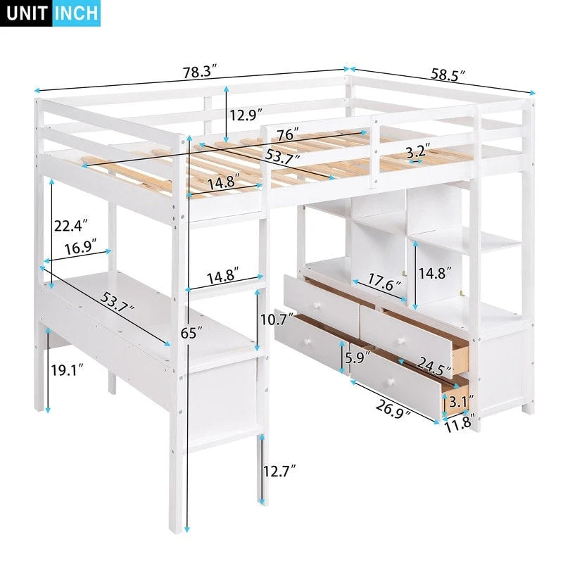 Cama alta de tamaño completo con escritorio integrado con cajones y estantes