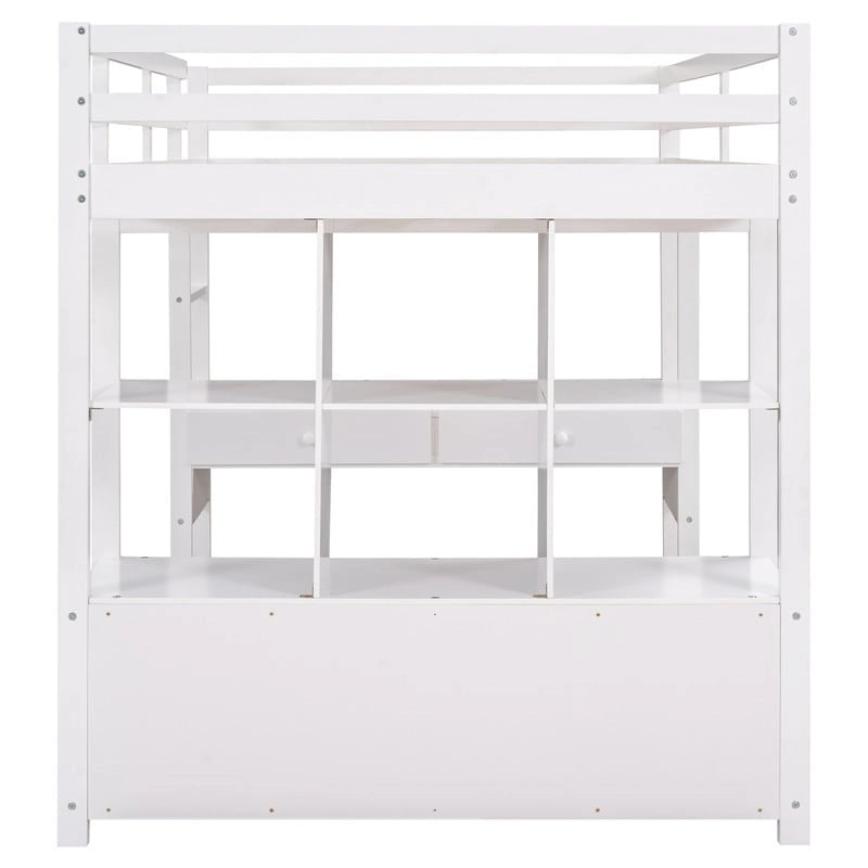 Cama alta de tamaño completo con escritorio integrado con cajones y estantes