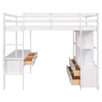 Cama alta de tamaño completo con escritorio integrado con cajones y estantes