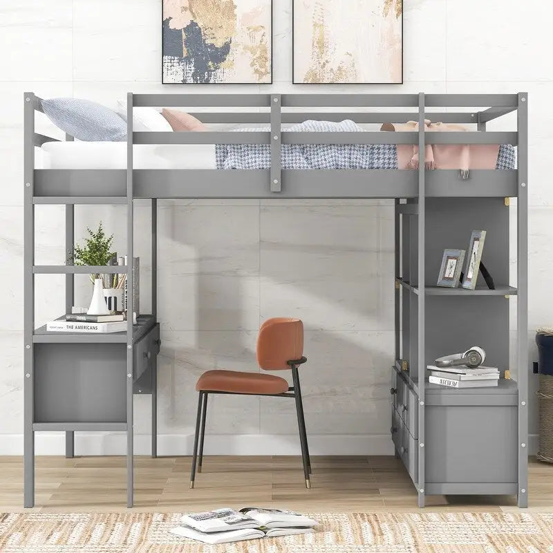 Cama alta de tamaño completo con escritorio integrado con cajones y estantes