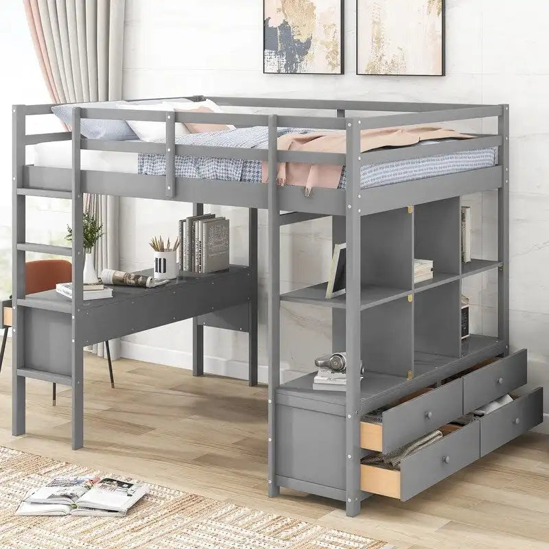 Cama alta de tamaño completo con escritorio integrado con cajones y estantes