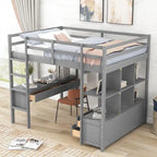 Cama alta de tamaño completo con escritorio integrado con cajones y estantes