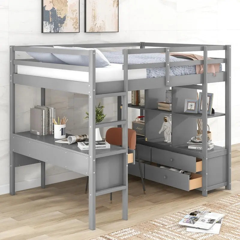 Cama alta de tamaño completo con escritorio integrado con cajones y estantes