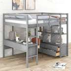 Cama alta de tamaño completo con escritorio integrado con cajones y estantes