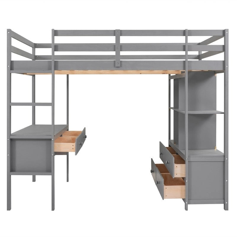 Cama alta de tamaño completo con escritorio integrado con cajones y estantes