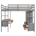 Cama alta de tamaño completo con escritorio integrado con cajones y estantes