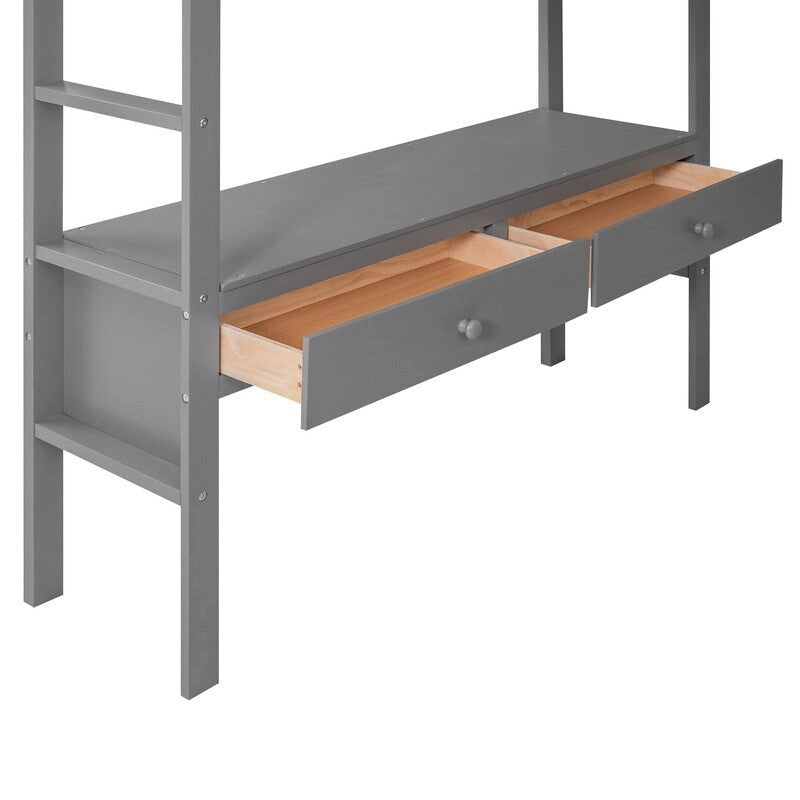 Cama alta de tamaño completo con escritorio integrado con cajones y estantes