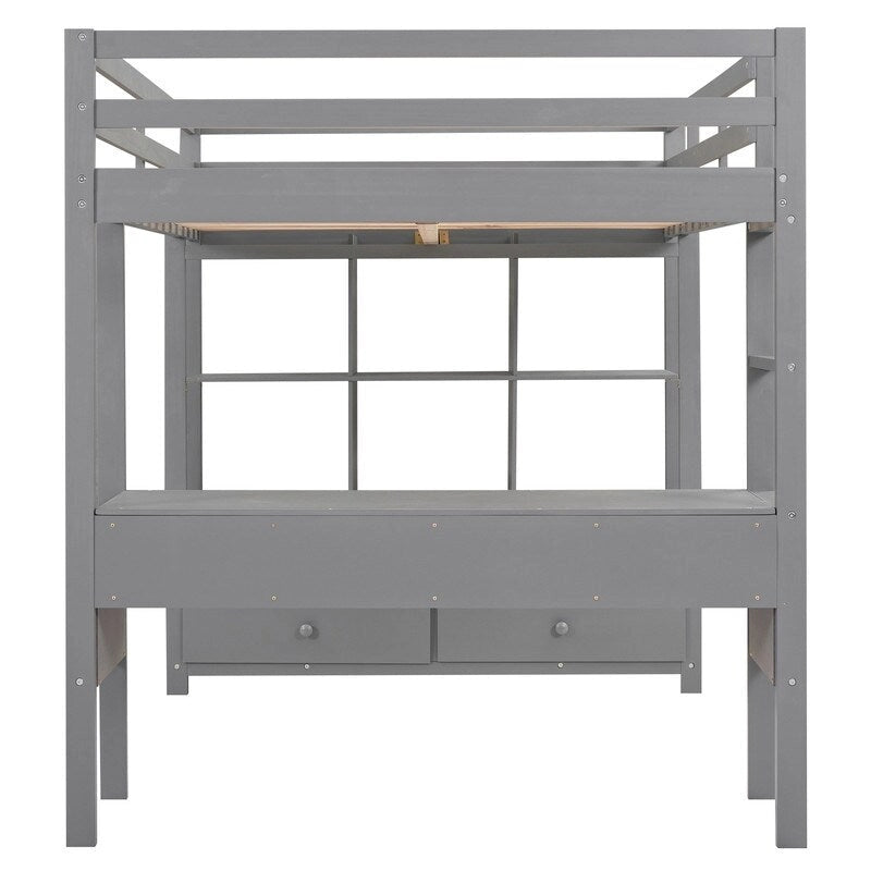 Cama alta de tamaño completo con escritorio integrado con cajones y estantes