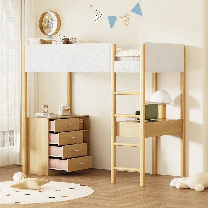 Cama de madera tipo loft con forro polar Teddy tamaño Twin