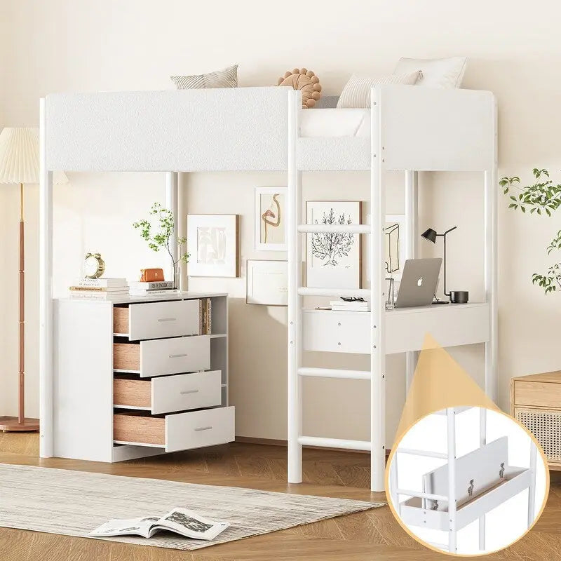Cama de madera tipo loft con forro polar Teddy tamaño Twin