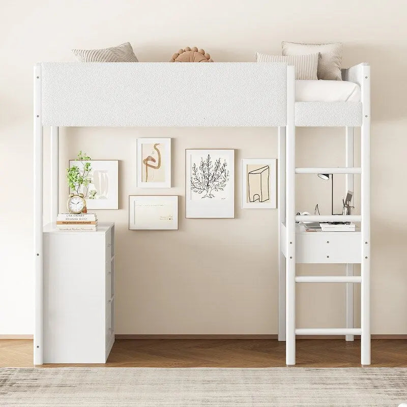Cama de madera tipo loft con forro polar Teddy tamaño Twin