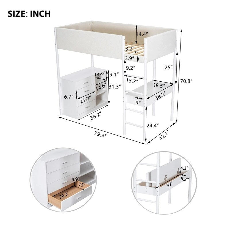 Cama de madera tipo loft con forro polar Teddy tamaño Twin