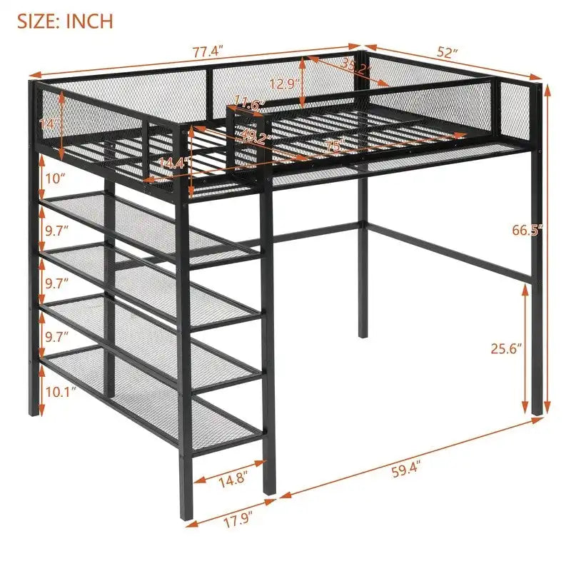 Cama loft individual de metal con estantes de 4 niveles y almacenamiento