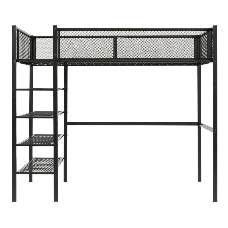Cama loft individual de metal con estantes de 4 niveles y almacenamiento
