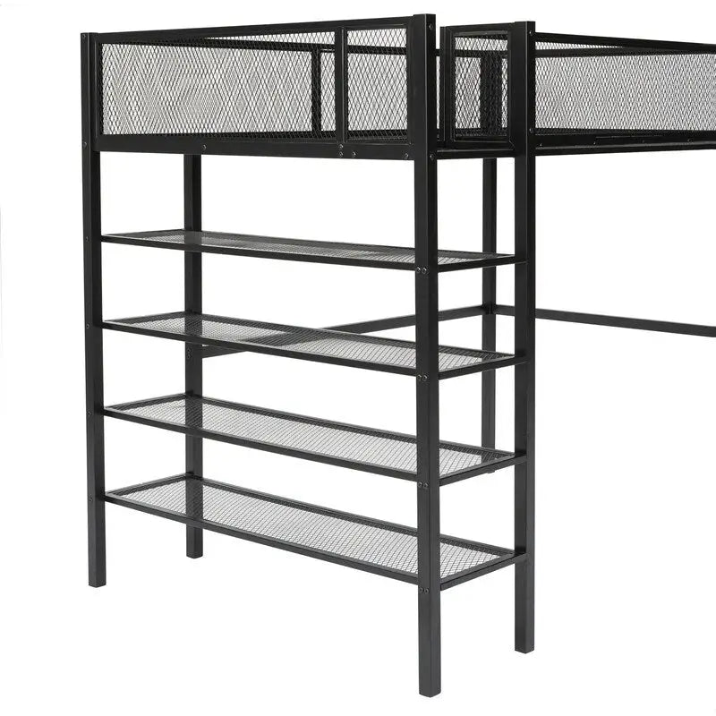 Cama loft individual de metal con estantes de 4 niveles y almacenamiento